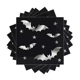   Fekete-Ezüst Denevér Mintás Papír Szalvéta – Halloween Parti Szalvéta, 33×33 cm, 20 db