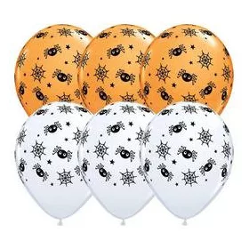   Narancs‑fehér pókháló és pók mintás Halloween lufi – 6 db (28 cm)