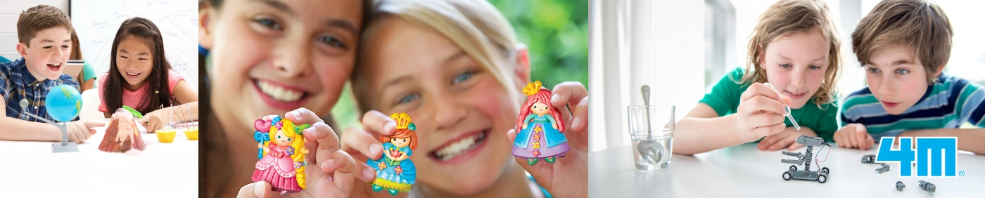 Gyerekek kísérletezés közben 4M tudományos készletekkel – robotika és környezetbarát játékok.
