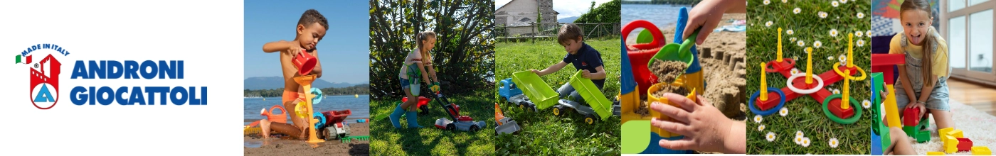 Androni kültéri játékszett: színes homokozó vödör készlet, egy óriás sárga dömper és egy piros gyerek talicska a kertben.
