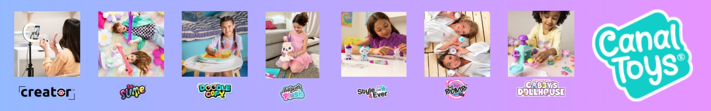 Canal Toys DIY kreatív készletek: Studio Creator videós szett, So Slime gyurma, Airbrush Plush színezhető plüss és So Bomb fürdőbomba – kreatív játékok beszállítói készletről.