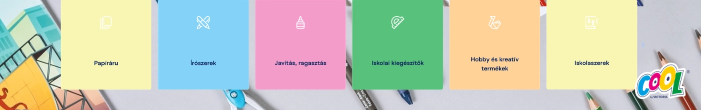 COOL BY VICTORIA kategória banner a Kreatívjátékban: Iskolai füzetek, rajzlapok, írószerek, színes ceruzák és krepp-papírok széles választékban, beszállítói készletről.