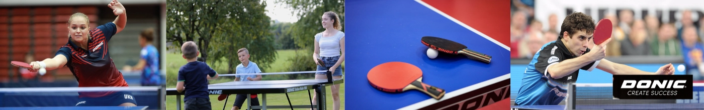 Donic asztalitenisz kategória banner a Kreatívjátékban: Carbotec és Waldner ping-pong ütők, verseny labdák, hálók és tisztító szettek beszállítói készletről.