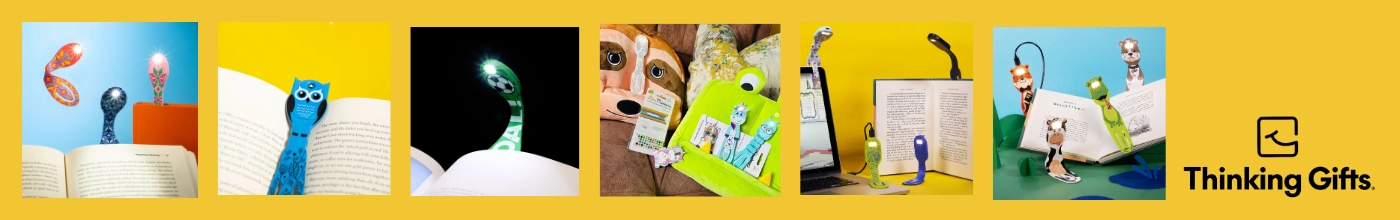 Flexilight olvasólámpa és könyvjelző kategória banner: Állatos pandás, rókás és flamingós újratölthető lámpák, valamint vagány dinós és robot mintás elemes olvasólámpák gyerekeknek a Kreatívjáték webáruházban.
