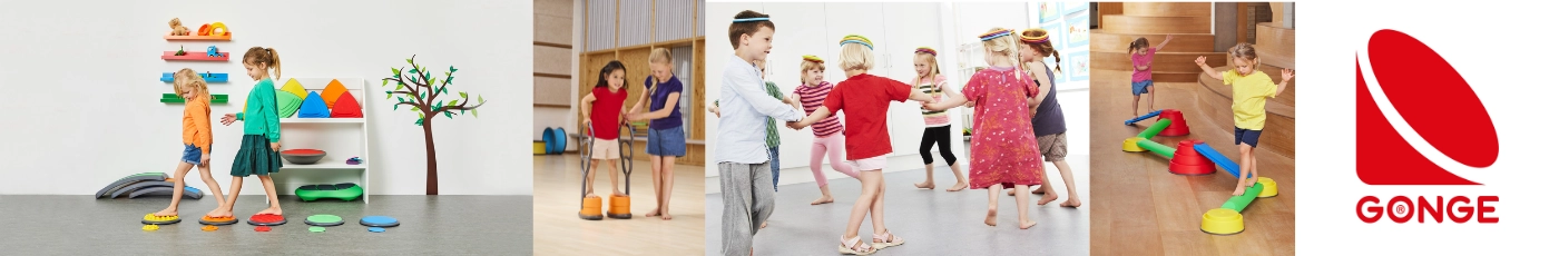Gonge professzionális mozgásfejlesztő kategória: Folyami kövek, egyensúlyozó tölcsérek, Floor Surfer kerekes deszkák, szenzoros korongok és óriás ejtőernyők a Kreatívjáték kínálatában.