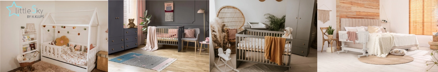 Klups és Little Sky prémium bababútorok: Little Sky Liv fehér házikó ágy, Pauline grafitszürke kiságy és komód, valamint pelenkázó keretek bükk és fehér színben a Kreatívjáték webáruházban.