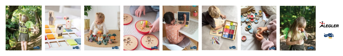 Legler Small Foot minőségi fajátékok: Skandi stílusú hintaló, fa matatófal, pasztell toronyépítő és színes betűvonat válogatás a Kreatívjáték webáruházában.