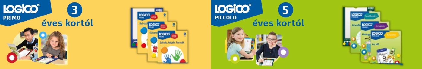 Logico fejlesztőjáték kategória banner: Logico Primo és Piccolo tanulási rendszer bemutatása tolókorongos keretekkel és színes feladatkártyákkal, amelyek az óvodai és iskolai készségeket fejlesztik.