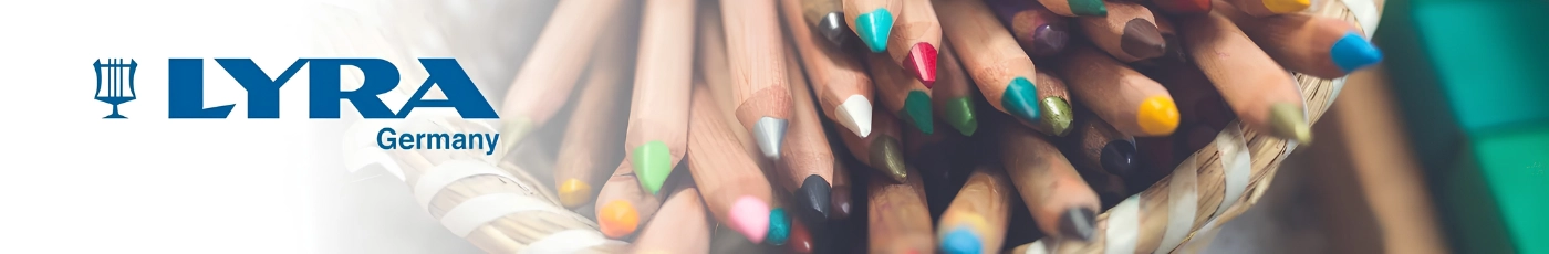 LYRA prémium írószerek és művészeti kellékek kategória banner: Groove Slim ergonomikus ceruzák, professzionális grafitkészletek és élénk színű művészceruzák válogatása.