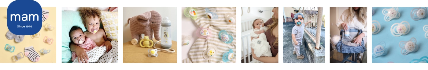 MAM babaápolási és etetési termékek széles választéka: Anti-Colic cumisüvegek, ortodontikus játszócumik és tanulópoharak különböző színekben.