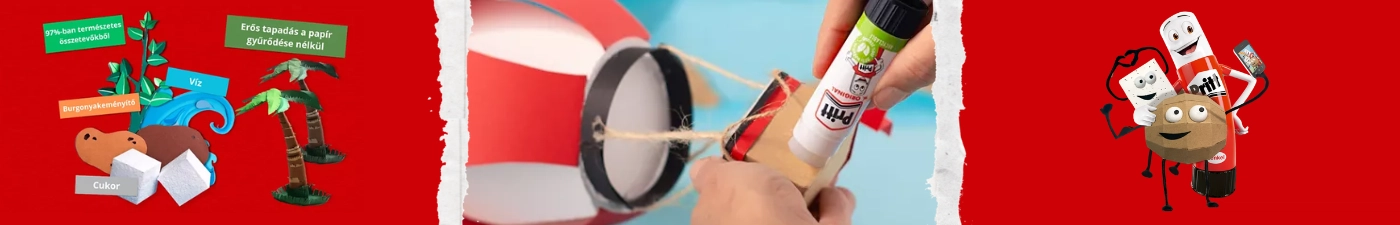 Pritt ragasztóstiftek, hibajavító rollerek és kreatív rögzítéstechnikai eszközök iskolai és irodai használatra.