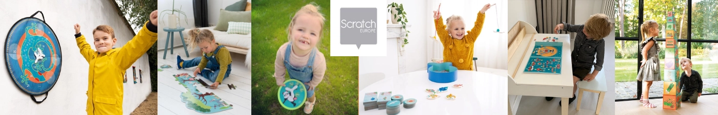 Scratch Europe belga fejlesztőjátékok a Kreatívjáték webáruházban: mágneses darts és célbadobó játékok, fa toronyépítő kockák, golyófuttató logikai játékok és egyedi forma puzzle-ök.