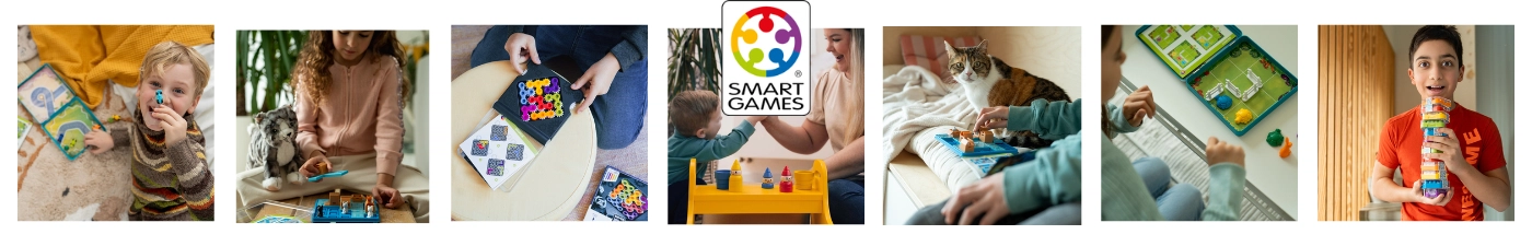 Smart Games egyszemélyes logikai játékok és fejlesztő fejtörők a Kreatívjáték webáruházban: IQ-Puzzler Pro és IQ Deluxe sorozat, Bunny Boo óvodás logikai játék, valamint mágneses utazójátékok autóba.