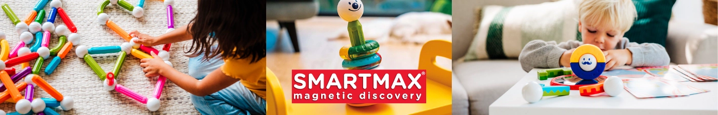 SmartMax biztonságos és nagyméretű mágneses építőjátékok tipegőknek a Kreatívjáték webáruházban: My First szafari és dínós mágneses állatok, első traktorom és vonatos szettek, valamint Roboflex hajlítható robot építőjáték.