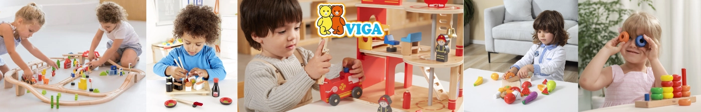Viga és PolarB minőségi skandináv dizájnú fajátékok: pasztell zöld játékkonyha és munkapad, krokodilos járásfejlesztő kocsi, szeletelhető zöldségek és gyümölcsök, Montessori formabedobó és fejlesztő fa puzzle szett a Kreativjatek.hu-n.