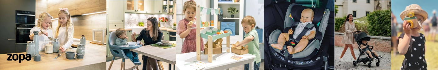Zopa prémium babafelszerelések és játékok: Zopa X Trike tolókaros tricikli, Monna leesésgátló, légáteresztő Breeze ülésbetét autóba és babakocsiba, szilikon étkészlet, valamint fa munkapad és golyós számoló szivárvány a Kreativjatek.hu-n.